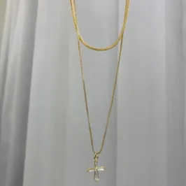 COLAR DUPLO MALHA E PINGENTE DE CRUZ ZIRCÔNIA NAVETE