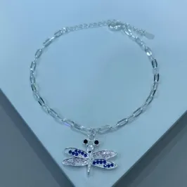 PULSEIRA LIBÉLULA CRAVEJADA AZUL E ROSA PRATA