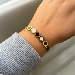 BRACELETE INOX DOURADO 5 TREVOS PRETO E BRANCO