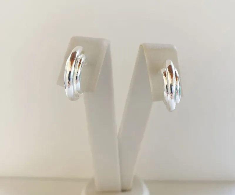 Brinco Meia Argola Com Dois Aros e Interno Com Fio Duplo Prata
