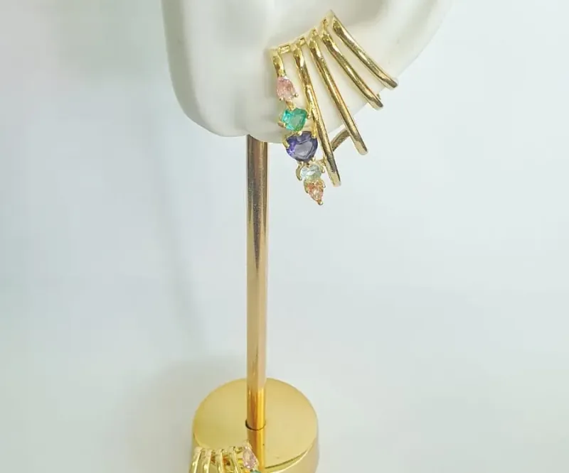 BRINCO EAR CUFF MORCEGO PEDRAS COLORIDAS