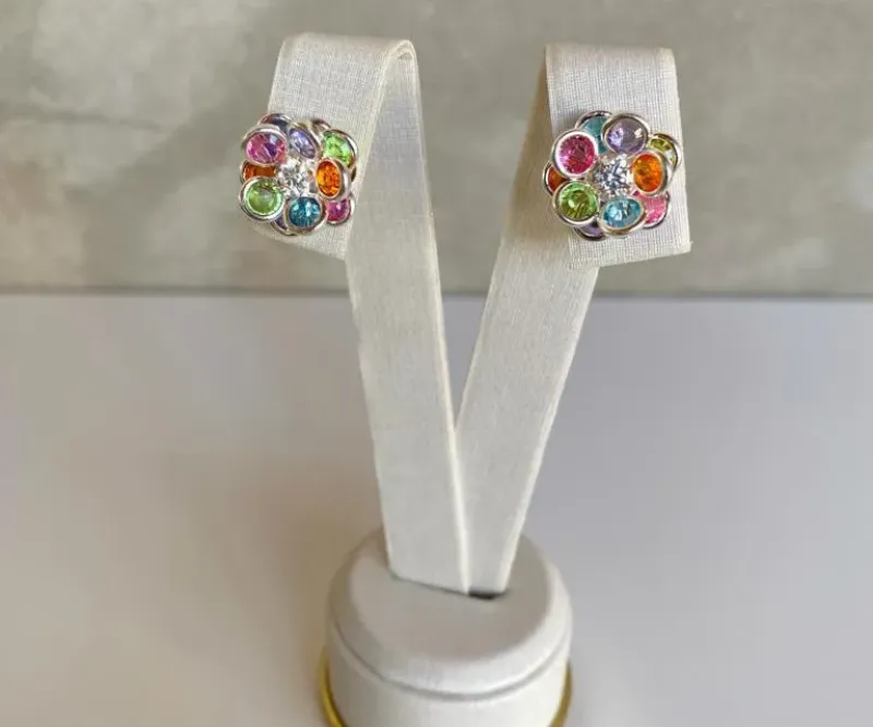 Brinco Flor Pétalas Redondas de Cristais Colorida