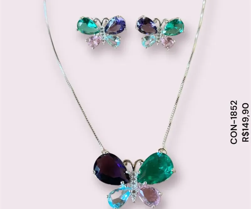 Conjunto borboleta com pedras de zircônia coloridas new
