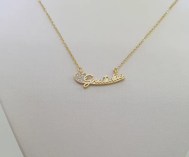 Colar Gratidão c/ Coração c/ Micro Zircônias Cravejadas