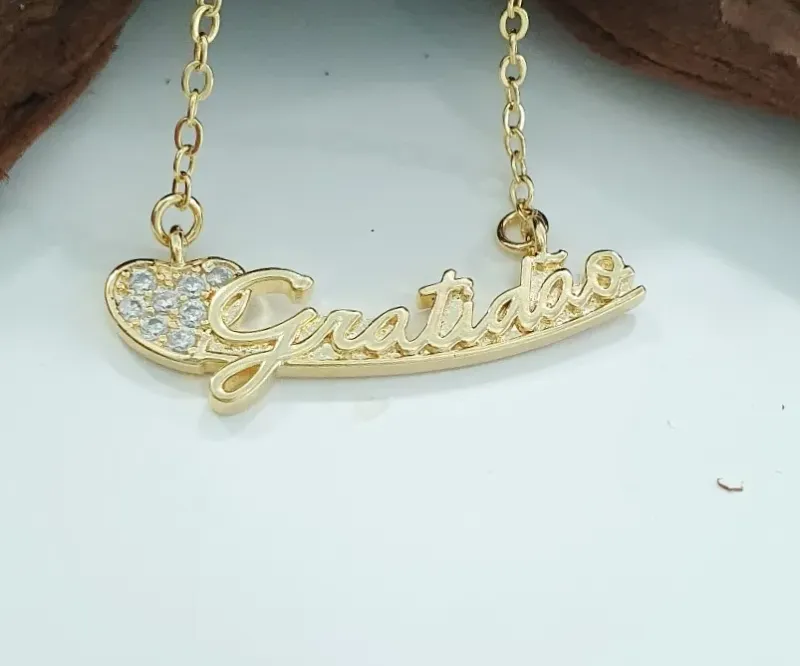 Colar Gratidão c/ Coração c/ Micro Zircônias Cravejadas