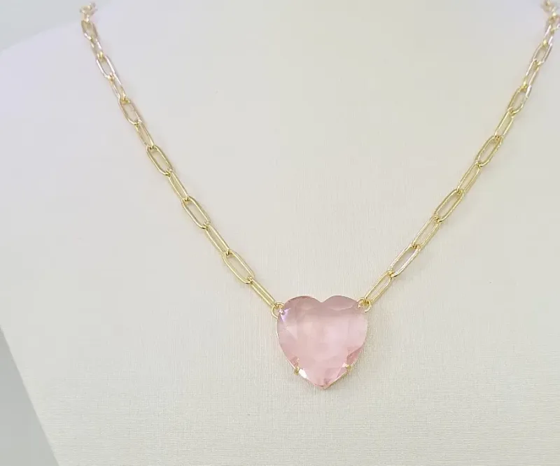 Colar Luxo Pedra Coração Pink