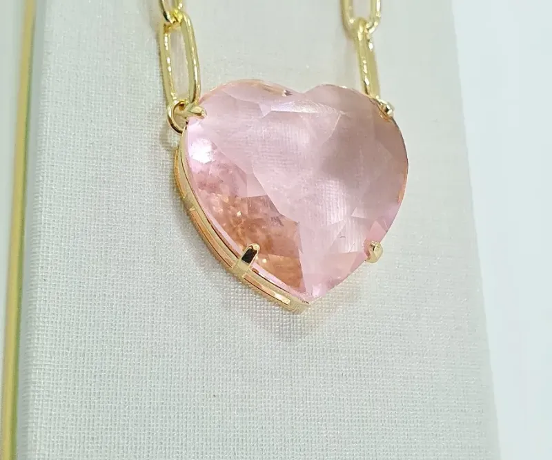 Colar Luxo Pedra Coração Pink