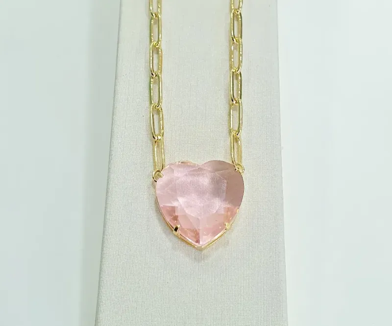Colar Luxo Pedra Coração Pink