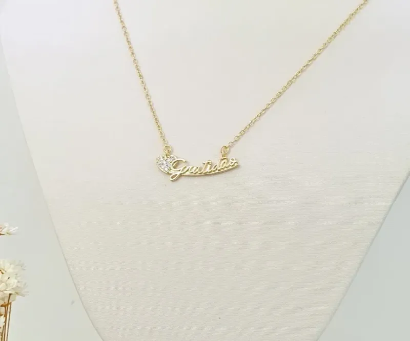 Colar Gratidão c/ Coração c/ Micro Zircônias Cravejadas