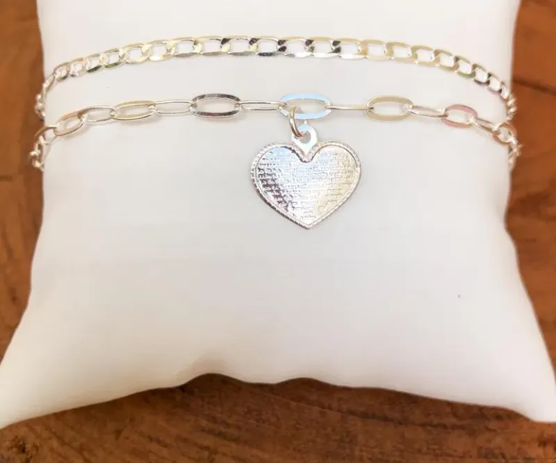 PULSEIRA DUPLA COM CORAÇÃO ESCRITO PAI NOSSO LETRA MICRO PRATA