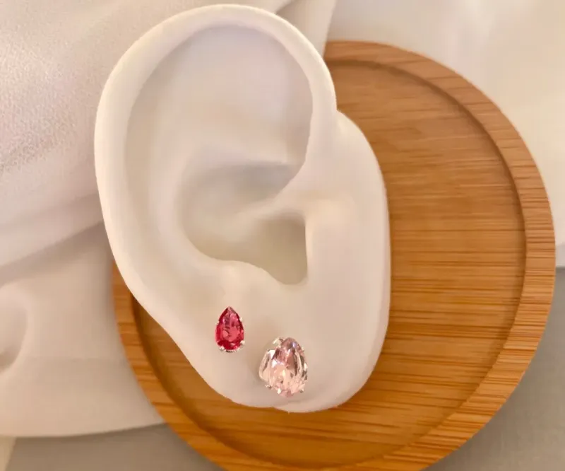 DUO DE BRINCO GOTAS DE ZIRCÔNIA ROSA CLARO E ESCURO PRATA