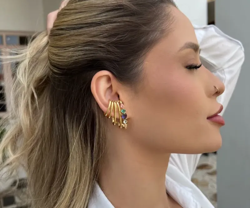 BRINCO EAR CUFF MORCEGO PEDRAS COLORIDAS