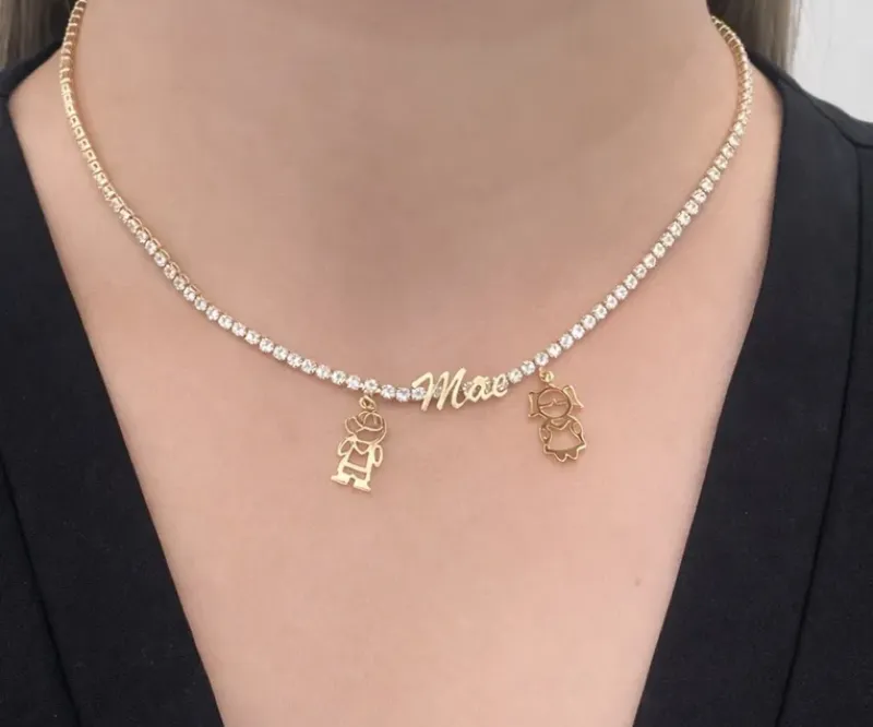 CHOKER RIVIERA REDONDA ESCRITO MÃE C/UM MENINO E UMA MENINA