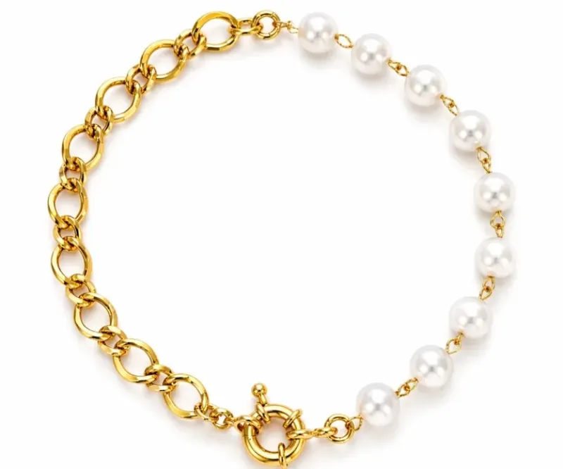 PULSEIRA MEIA PÉROLAS E MEIA ELOS OVAIS COM FECHO BÓIA