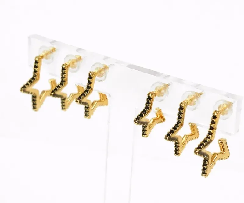 TRIO DE BRINCO ESTRELA COM ZIRCONIA PRETA