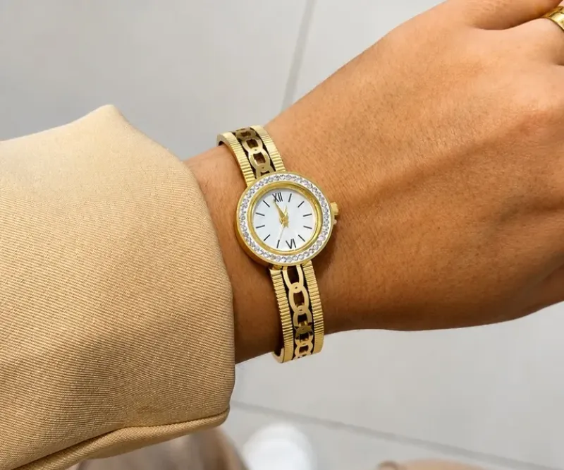 BRACELETE RELÓGIO C/ ARO ELOS E FILEIRAS FRIZADAS