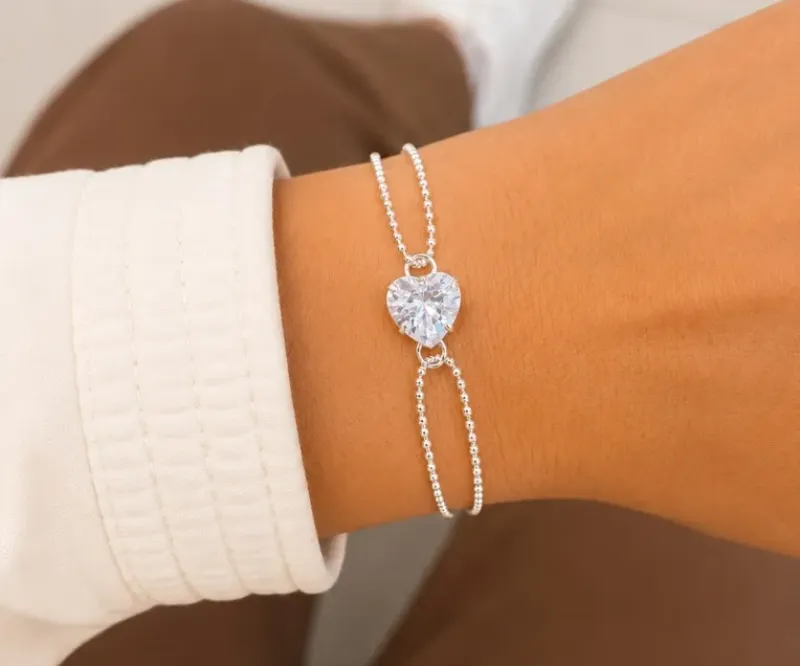 PULSEIRA CORAÇÃO DE ZIRCÔNIA COM CORRENTE DUPLA DE BOLINHAS