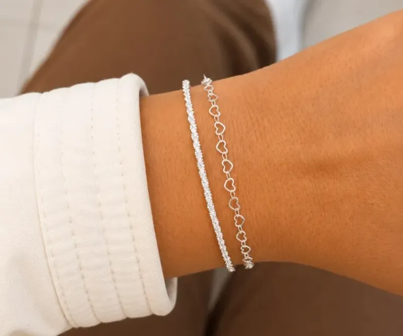 PULSEIRA DUPLA ELOS CORAÇÕES E MALHA DIAMANTADA