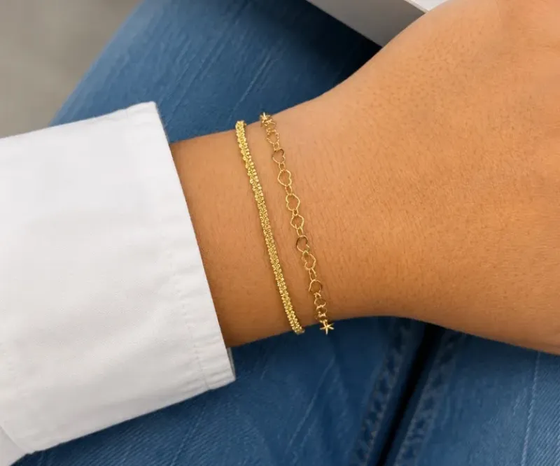 PULSEIRA DUPLA ELOS CORAÇÕES E MALHA DIAMANTADA